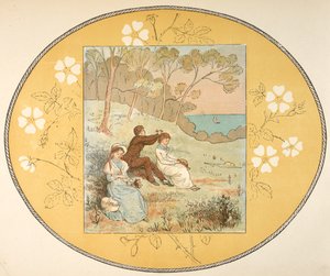 海岸近くの空き地に座っている 2 人の女性と 1 人の男性。 花の境界線。 作： Randolph Caldecott