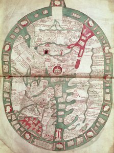 Roy.Ms.14 C. f.1 1v-2r エルサレムを中心とした世界地図、Polychronicon、1380 年頃（ベラム） 作： Ranulf Higden