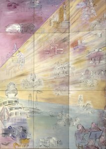 様々な都市が描かれた左側の詳細。 作： Raoul Dufy