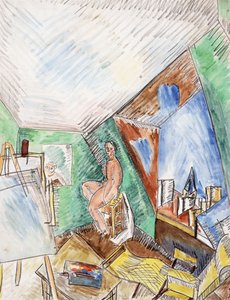 画家のアトリエ、セギエ通り、パリ、1909年頃（紙に水彩、黒クレヨン） 作： Raoul Dufy