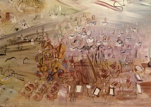 電気の物語』、『La Fee Electricite』のための習作、オーケストラを描いた左の部分の詳細 作： Raoul Dufy
