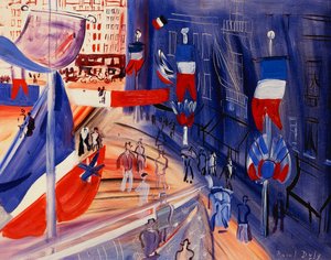 アメリカ横断幕で賑わう通り；アメリカ横断幕のあるパヴォワジー通り 1930年頃（油彩、硬質板張り） 作： Raoul Dufy