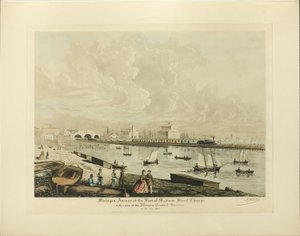 1864 年にイリノイ中央駅を望む、シカゴのマディソン通りのふもとにあるミシガン アベニュー 作： Raoul Varin