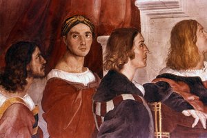 ボルセーナのミサからラファエロ（中央向き）を示すディテール。1514.ラファエロ（14831520）のフレスコ画。 作： Raphael (1483 1520)