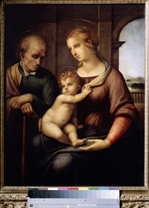 La Sainte famille avec Saint Joseph beardless または The Holy Family または Madonna with beardless Joseph. Peinture de Raffaello Sanzio dit Raphael (1483-1520) 作： Raphael