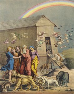 洪水を逃れて箱舟から出てきたノアとその家族、動物たち（カラーリトグラフ 作： after Raphael