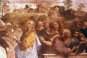 イタリアのルネッサンス芸術家ラファエルによるフレスコ画「秘跡の論争」の詳細 作： Raphael (1483 1520)