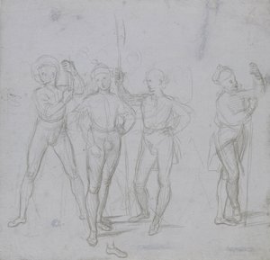 立っている4人の兵士のグループ（オフホワイトの紙にブルーグレーの下地にシルバーポイントで描いたもの 作： Raphael