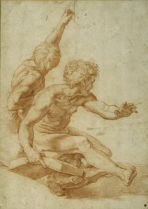 変容」における聖アンデレと他の使徒のヌード習作、1517年頃（クリーム色の紙にスタイラスで描いた上に赤チョークで描いたもの 作： Raphael