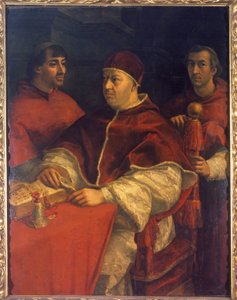 ローラン・デ・メディチ（1449 - 1492）の息子である教皇レオ10世（1475 - 1521）の肖像（ローラン・ザ・マグニフィコ：Lorenzo il Magnifico）が枢機卿ルイジ・デ・ロッシとジュリオ・デ・メディチに囲まれています。ラファエロ（Raffaello Sanzio 1483 - 1520）による絵画。16世紀ウッフィ 作： Raphael
