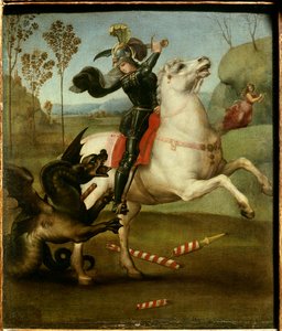 竜と闘う聖ゲオルギウス ラファエロ（1483-1520/イタリア） 木パネルに油彩 - 「竜と闘う聖ゲオルギウス」 ラファエロ・サンツィオ（ラファエロ）（1483-1520）の絵画 1505年 日。0,29x0,25 m 作： Raphael