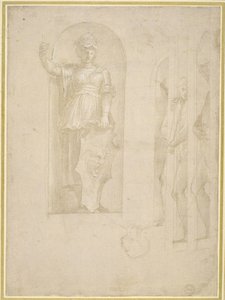 ミネルバの像と他の像のための習作（紙に銀点、白の盛り上がり 作： Raphael