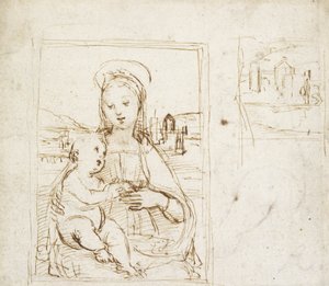 聖母子の絵の研究（白い紙の上の金属点の上にペンと茶色のインク） 作： Raphael