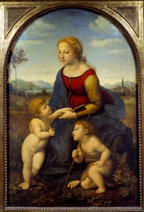 聖母は小さな聖ヨハネ、または美しい庭師との間に子供をもうけています ラファエロ・ディット・ラファエロ（1483-1520）の絵画 1507年 日1,22x0,8 m 作： Raphael