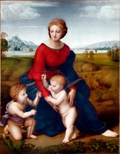 大草原の聖母」または「ベルヴェデーレの聖母」 ラファエロ（Raffaello Sanzio 1483-1520）の絵画 1506年 日。113 X 88 cm ウィーン美術史博物館 作： Raphael