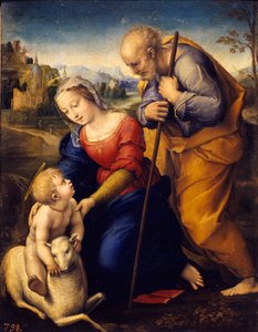 聖家族は子羊を持っています。ラファエロ・サンツィオ（Raffaello Sanzio dit Raphael）（1483-1520）の絵画 作： Raphael