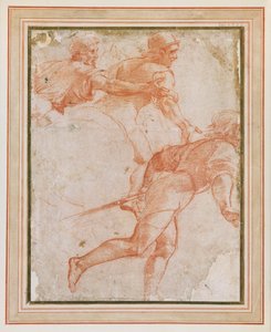 右に走る兵士と腕を伸ばした騎馬騎士2人 作： Raphael