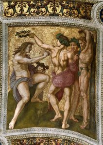 マルシュアスとアポロ。 Stanza della Segnatura のフレスコ画の天井、1510～1511 年頃。 作： Raphael
