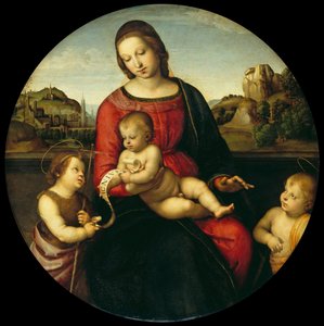 マリアと子供、洗礼者ヨハネと聖なる少年マドンナテラヌオーヴァ、c。 1505 作： Raffaello Sanzio Raphael