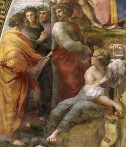パルナサス。 詳細。 スタンツァ デッラ セニャトゥーラのフレスコ画、1510 ～ 1511 年頃。 作： Raphael