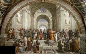 アテネの学校。 スタンツァ デッラ セニャトゥーラのフレスコ画、1510 ～ 1511 年頃。 作： Raphael