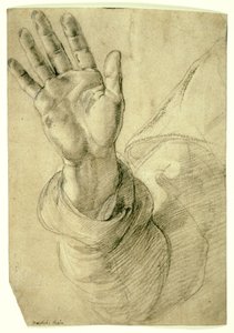 右手を上げて、手のひらを外側に向けて：セントピーターのための研究、1518年から20年 作： Raphael