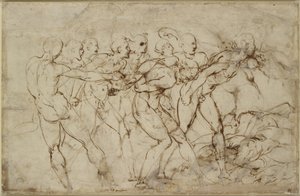 捕虜とのヌード戦士の戦い、WA1846.179（黒いチョークの上にペンと茶色のインク） 作： Raffaello Sanzio Raphael