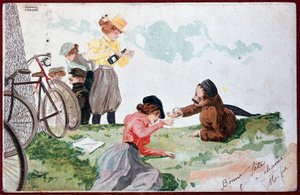 カントリーパーティー。ピクニックとサイクリング - イラスト：R. Kirchner, v.1900
