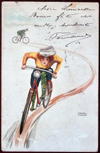 自転車に乗る女性の絵葉書-R.キルヒナーの絵、1900年頃。