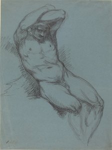頭の上で両手を組んで座っている男性の裸体 作： Raphael Lamar West