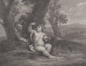 木の下に座ってワイングラスを持ち上げる幼いバッカスと、その後ろにもう一人の幼児、1780年 作： Raphael Morghen