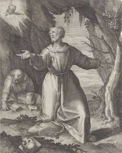 両腕を広げてひざまずき、左上のケルビムの方を見つめる聖フランシスコ、...、1599 年。 作： Raphael Sadeler