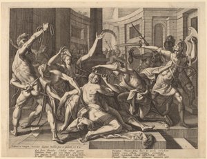 サムソンの髪を切るデリラ 作： Raphael Sadeler I after Joos van Winghe