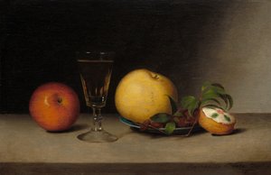 リンゴ、シェリー、ティーケーキのある静物、1822年。