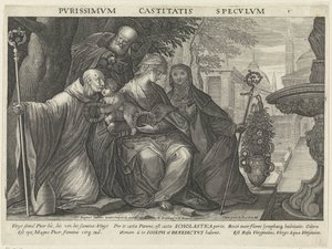 聖ベネディクトと聖スコラスティカとの聖家族 純潔の鏡 Pvrissimvm Castitatis Specvlvm (オブジェクトのタイトル) 服従、純潔、貧困の鏡（シリーズタイトル） 作： Raphaël Sadeler (II)