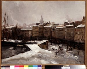 ケ・デュ・ポール、マルセイユ、雪の下 レイモン・アレグレ (1857-1933) 作 薄さ 56x74 cm。 必須の言及: Regards de Provence Marseille Foundation Collection 作： Raymond Allegre