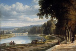 セーヌ川のほとりにあるサン クルー公園まで歩いて行き、馬が曳舟道を行き交います。 Raymond Esbrat (1809-1856) による絵画 1850 Roanne。 ジョセフ デシュレット ミュージアム