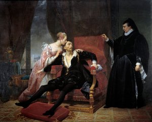 国王シャルル9世の死（1550-1574） 国王はヴァンセンヌ城で肺炎のため死去、右には母カトリーヌ・ド・メディシス（カテリーナ・ド・メディチ）がいる。シャルル・モンヴォワザン（1790-1870）による絵画 1834年 日2,32x2,91 m モンペリエ、ファーブル美術館