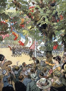 第一次世界大戦：1919年7月14日、パリのシャンゼリゼ大通りでの戦勝記念パレード：パリ市民の群衆に賞賛されるフランス海軍兵士たち（第一次世界大戦：シャンゼリゼ大通りの戦勝パレード 作： Raymond de la Neziere