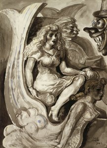 人魚のトンネルボートに乗る人たち：両面水彩画 作： レジナルド・マーシュ