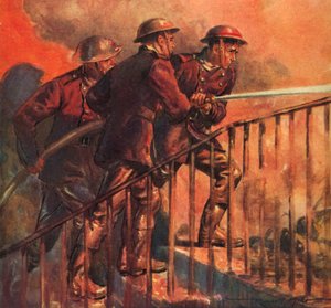 電撃戦、第二次世界大戦中に火事と戦っている戦時国家消防隊のイギリスの消防士