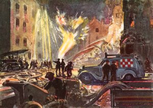 電撃戦、第二次世界大戦中に燃えているガス本管を扱う、戦時中の英国国立消防隊の消防士 作： Reginald Mills
