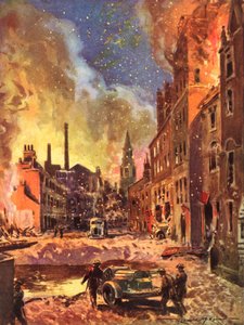 Bombeiros do British National Fire Service durante a guerra inspecionando uma grande cratera de bomba durante a Blitz, Segunda Guerra Mundial 作： Reginald Mills
