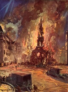 セント クレメント デーンズ教会、ストランド、ロンドン、第二次世界大戦中の電撃戦で炎上 作： Reginald Mills