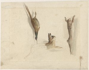 死んだキジと 2 匹の死んだノウサギ 作： Reinier Craeyvanger