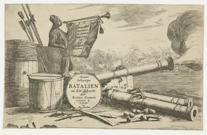 軍艦とトランペッターの装備を備えたタイトルページ Reinier Zeeman による Navaeles の戦闘に関する Nouvellesventions (オブジェクトのタイトル) Reinier Zeeman (オブジェクトのタイトル) によって明るみに出された新しい船 Batalien 新造艦バタリ