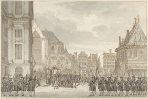 1768 年 5 月 30 日、アムステルダムのダム広場にある市庁舎に到着したウィレム 5 世王子とプロイセンのフレデリカ ソフィア ヴィルヘルミナ 作： Reinier Vinkeles (I)