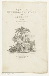 山の風景の中の属性を持つ 3 つの putti タイトル ページ: Adriaan Pietersz。 Loosjes、富の中流階級と貧困、1816 年 作： Reinier Vinkeles (I)