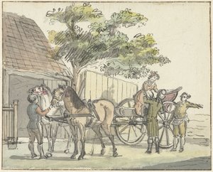 ハールレム近くの居酒屋 De Donkere Kuil で 2 頭の馬を乗せたワゴン 作： Reinier Vinkeles (I)