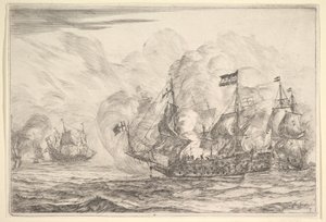 右側の3隻の船との海軍の遭遇、海軍の戦いからNieuwe Scheeps Bat ...、1652-54。 作： Reinier Zeeman
